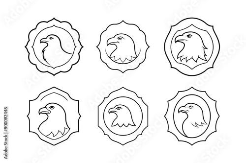 Bald Eagle’s logo set, labeled line art vector design illustration.