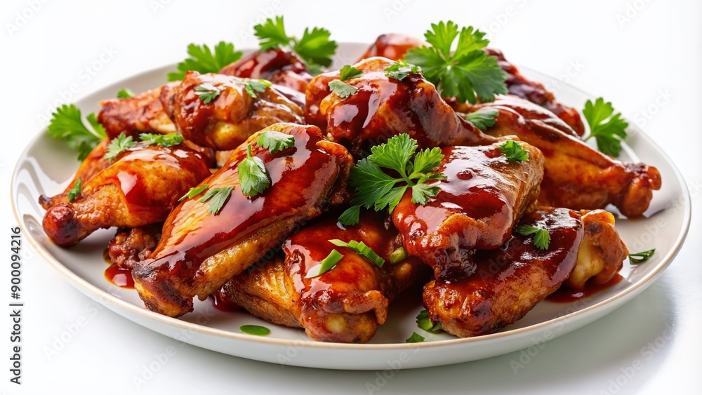 Savory grilled chicken wings smothered in rich BBQ sauce, garnished with fresh parsley, and artfully arranged on a crisp white ceramic dish. Savory grilled chicken wings smothered in rich BBQ sauce, garnished with fresh parsley, and artfully arranged on a crisp white ceramic dish.