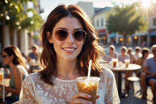 Woman wearing sunglasses holding iced coffee in clear plastic cup, cooling down in summer heat