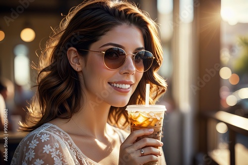 Woman wearing sunglasses holding iced coffee in clear plastic cup, cooling down in summer heat
