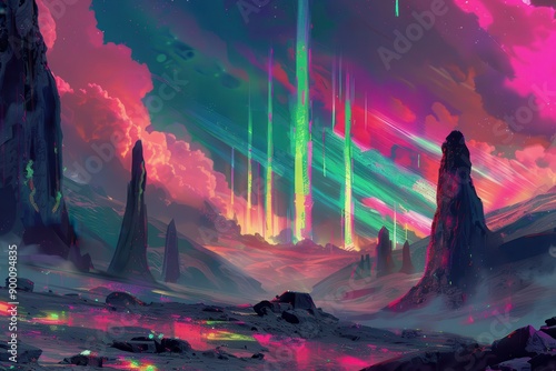 Alien landscape with vibrant lights and rock formations photo