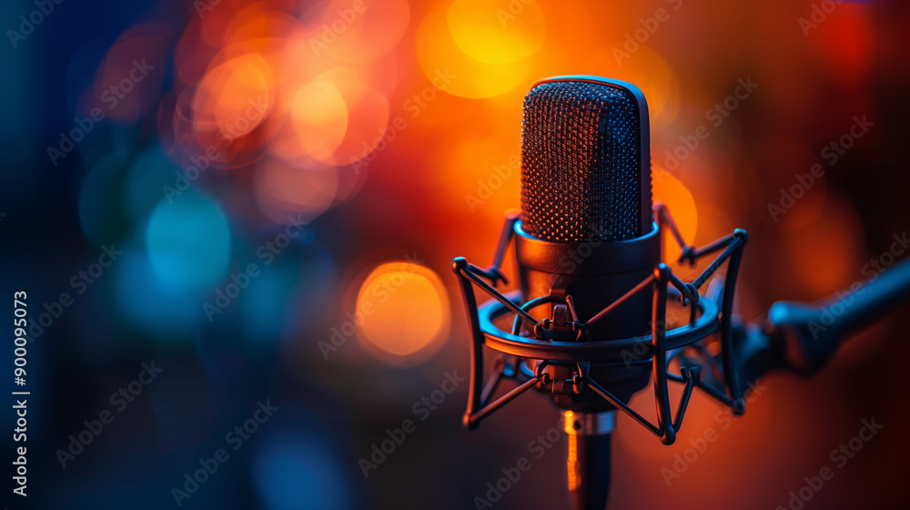 Close-up of a studio microphone with colorful bokeh background. Close-up of a studio microphone with colorful bokeh background.