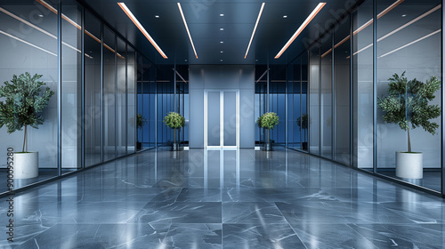 Modern office corridor with glass walls and potted plants.