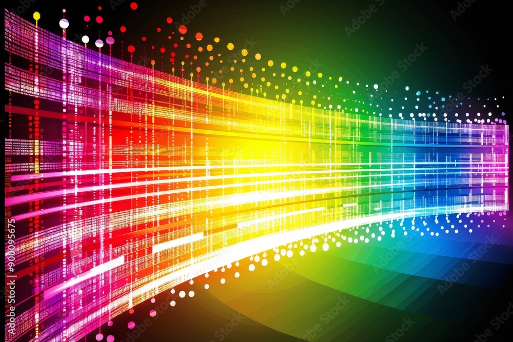 Rainbow colored digital wave on a black background symbolizing technological innovation and creativity Rainbow colored digital wave on a black background symbolizing technological innovation and creativity