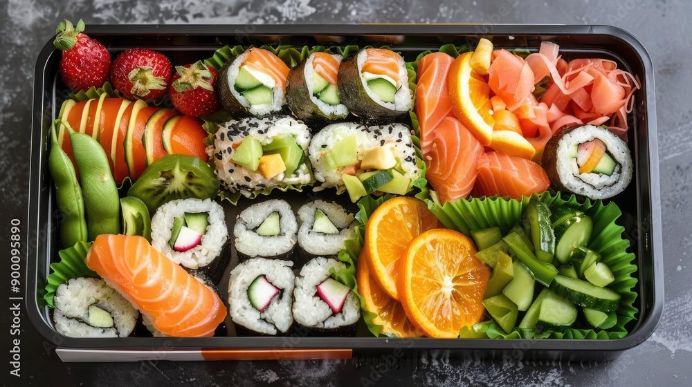 Colorful bento box with sushi, fresh fruits, and vegetables, healthy food, lunch box Colorful bento box with sushi, fresh fruits, and vegetables, healthy food, lunch box
