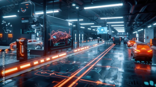 Futuristic automotive workshop with advanced technology and modern vehicles, showcasing innovation and high-tech environment under neon lighting.