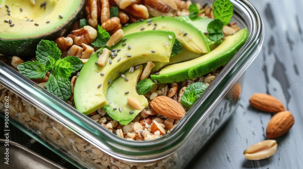 Heart healthy lunch box with avocado, nuts, and whole grains, healthy food, lunch box Heart healthy lunch box with avocado, nuts, and whole grains, healthy food, lunch box