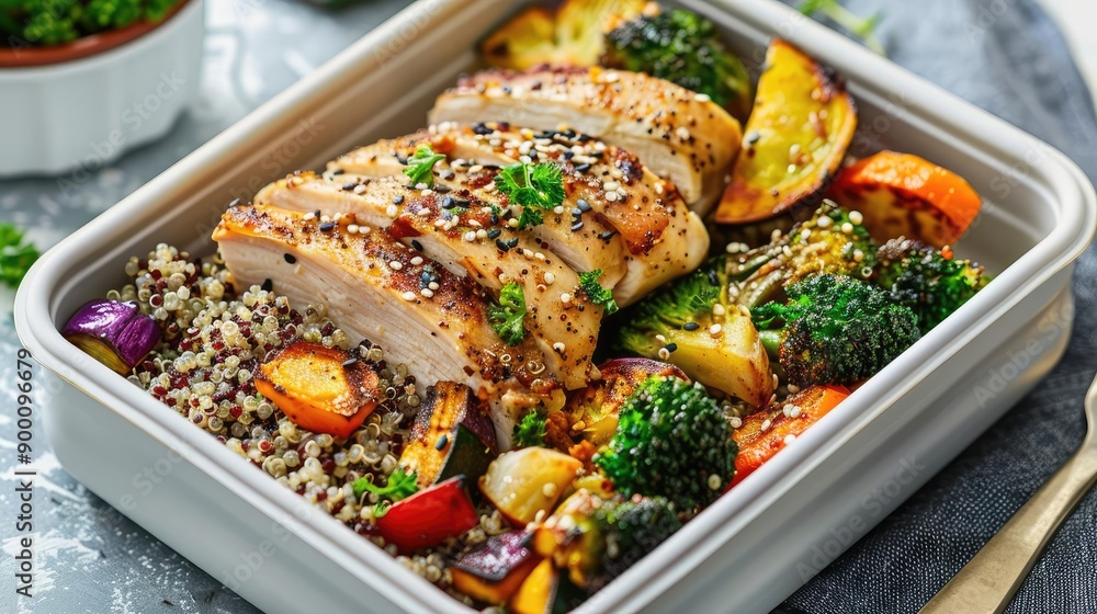 Protein rich lunch box with chicken, quinoa, and roasted veggies, healthy food, lunch box Protein rich lunch box with chicken, quinoa, and roasted veggies, healthy food, lunch box
