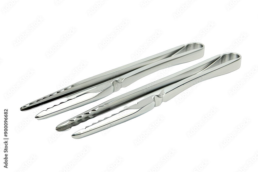 Metallic tweezers close-up on white background. Precision tool for medical, lab, or crafting tasks. Stainless steel, shiny surface, isolated. Metallic tweezers close-up on white background. Precision tool for medical, lab, or crafting tasks. Stainless steel, shiny surface, isolated.