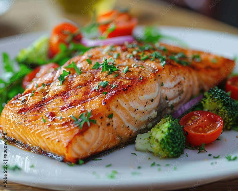 A beautifully plated grilled salmon fish fillet A beautifully plated grilled salmon fish fillet