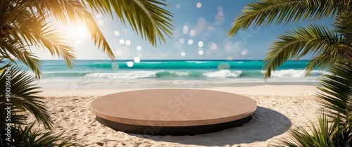 Tropical Beach Scene with Floating Platform and Palm Leaves