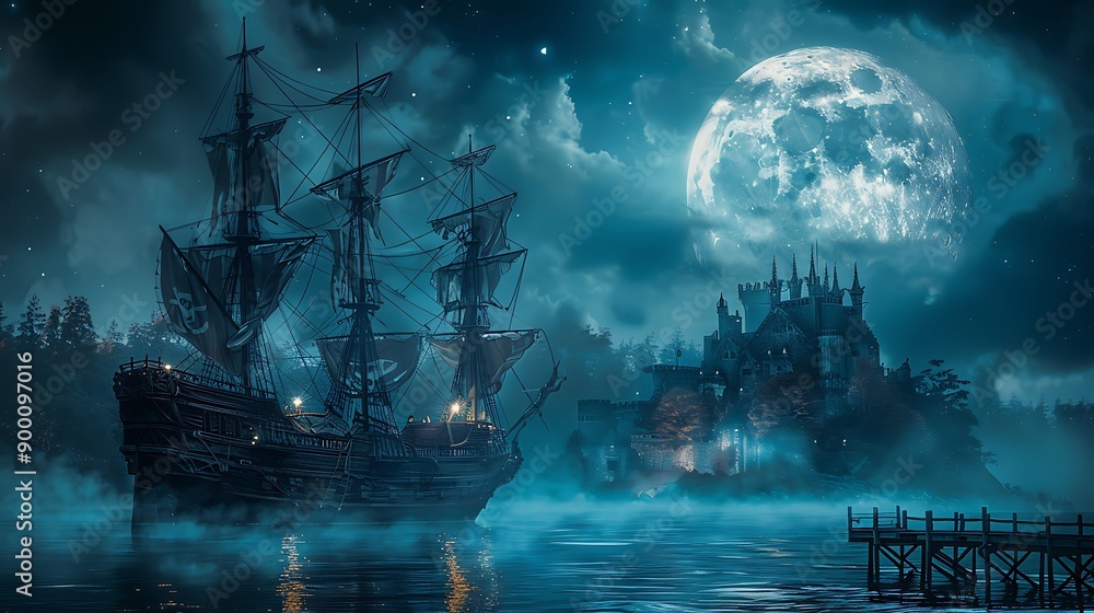 Fantasy landscape with a ghost ship in the night. Fantasy landscape with a ghost ship in the night.