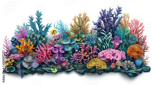 Vibrant Coral Reef in Isolated Cut-Out: Bright and Colorful Underwater Life