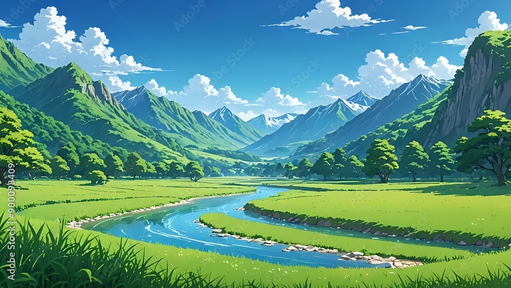 Fototapeta premium A serene landscape with a flowing river, lush green meadows, majestic mountains in the background, and a clear blue sky above, anime art