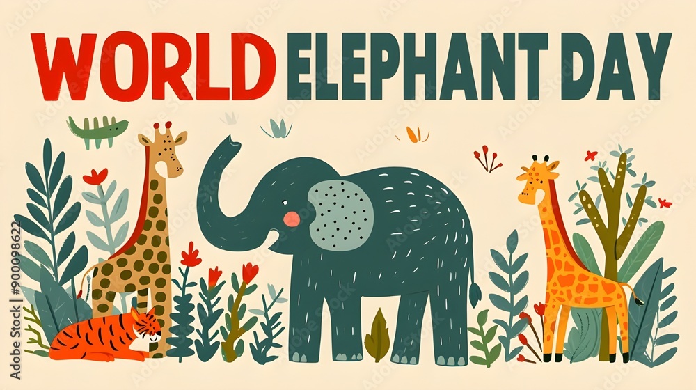 Naklejka premium Hand drawn elephant with the text world elephant day in front, in a vector style illustration, elephant walking in beautiful background.