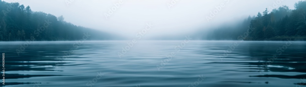 Serene foggy lake with calm water and forested shoreline, perfect for nature or tranquil scenery themes. Serene foggy lake with calm water and forested shoreline, perfect for nature or tranquil scenery themes.