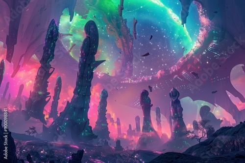 Mysterious alien landscape with vibrant colors and glowing rocks