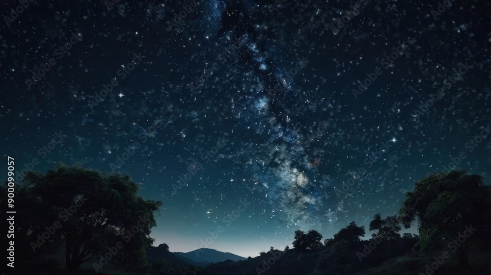 Naklejka premium Milky Way Majesty: A breathtaking tapestry of stars blankets a serene night sky, the Milky Way's ethereal glow illuminating the landscape below. 