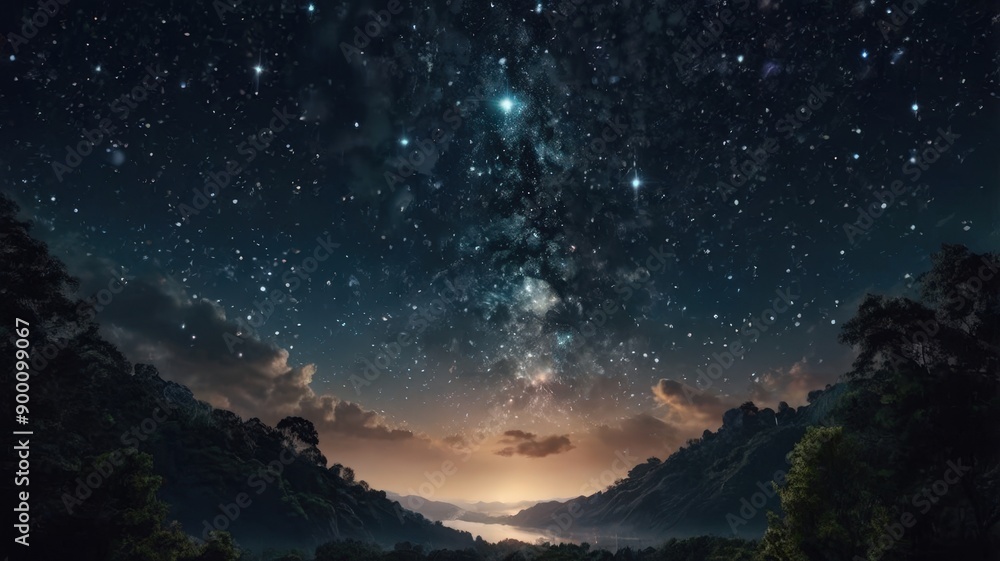 Celestial Tapestry: A breathtaking panorama of a star-filled night sky above a serene landscape, with the Milky Way stretching across the horizon, illuminating the scene with celestial wonder. Celestial Tapestry: A breathtaking panorama of a star-filled night sky above a serene landscape, with the Milky Way stretching across the horizon, illuminating the scene with celestial wonder.