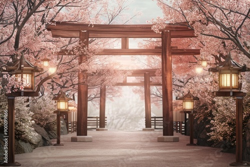 Ancient Japanese Torii Gate Frame. Wooden Torii gates, cherry blossoms, and lanterns.  photo