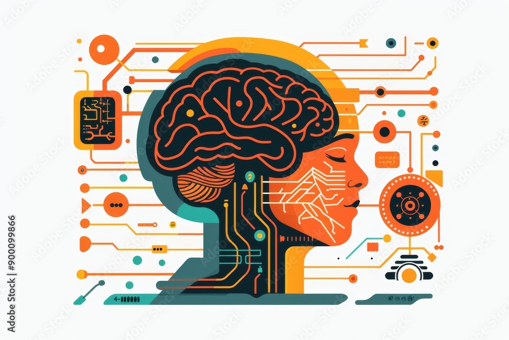 Stylized brain illustration with circuit board patterns symbolizing the integration of technology and cognitive science Stylized brain illustration with circuit board patterns symbolizing the integration of technology and cognitive science