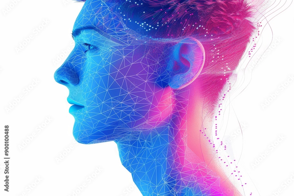 Abstract digital art of a mans profile with neon lines symbolizing cognitive science and technology Abstract digital art of a mans profile with neon lines symbolizing cognitive science and technology