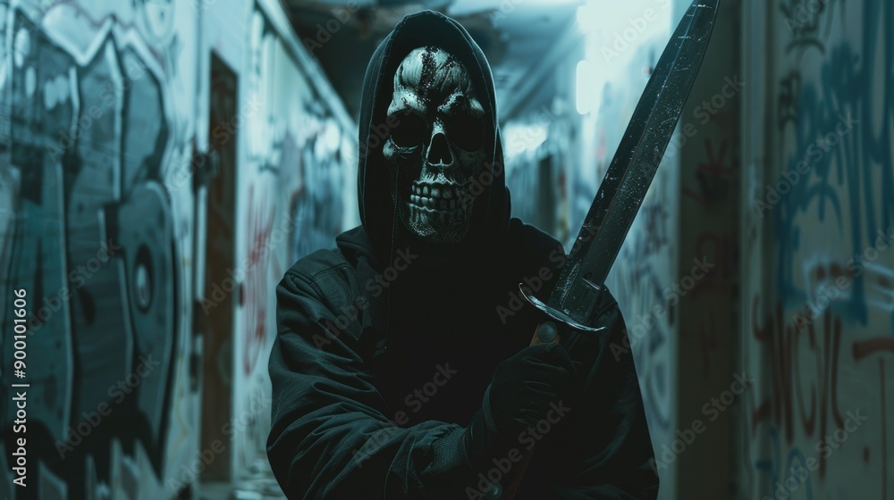 A menacing figure in a dark hoodie wearing a skull mask holds a large knife in a dimly lit, graffiti-covered corridor, exuding danger and horror A menacing figure in a dark hoodie wearing a skull mask holds a large knife in a dimly lit, graffiti-covered corridor, exuding danger and horror