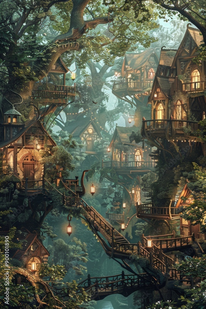 Obraz premium Fantasy Elven Village. Elegant treehouses, twinkling lanterns, and delicate bridges. Enchanting village, perfect for an immersive fantasy setting.