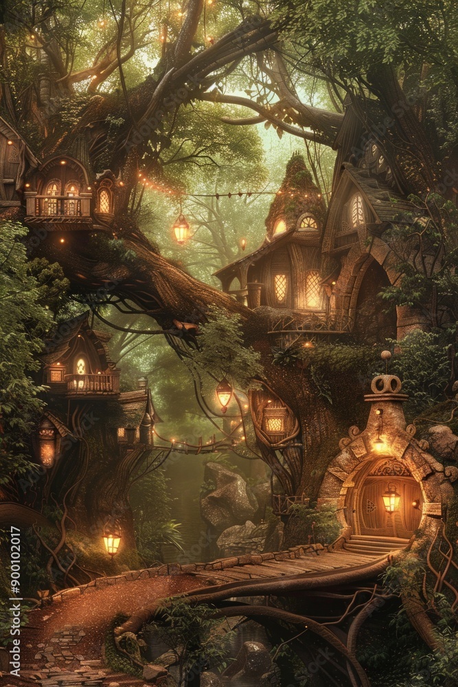 Fantasy Elven Village. Elegant treehouses, twinkling lanterns, and delicate bridges. Enchanting village, perfect for an immersive fantasy setting. Fantasy Elven Village. Elegant treehouses, twinkling lanterns, and delicate bridges. Enchanting village, perfect for an immersive fantasy setting.