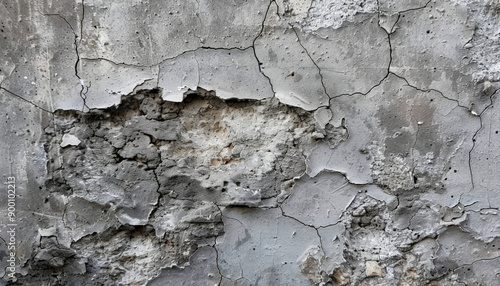 Weathered cement wall texture with cracks and peeling gray paint