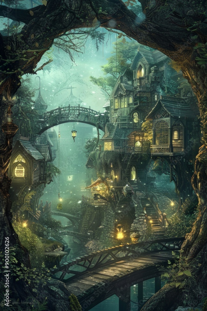 Fantasy Elven Village. Elegant treehouses, twinkling lanterns, and delicate bridges. Enchanting village, perfect for an immersive fantasy setting. Fantasy Elven Village. Elegant treehouses, twinkling lanterns, and delicate bridges. Enchanting village, perfect for an immersive fantasy setting.