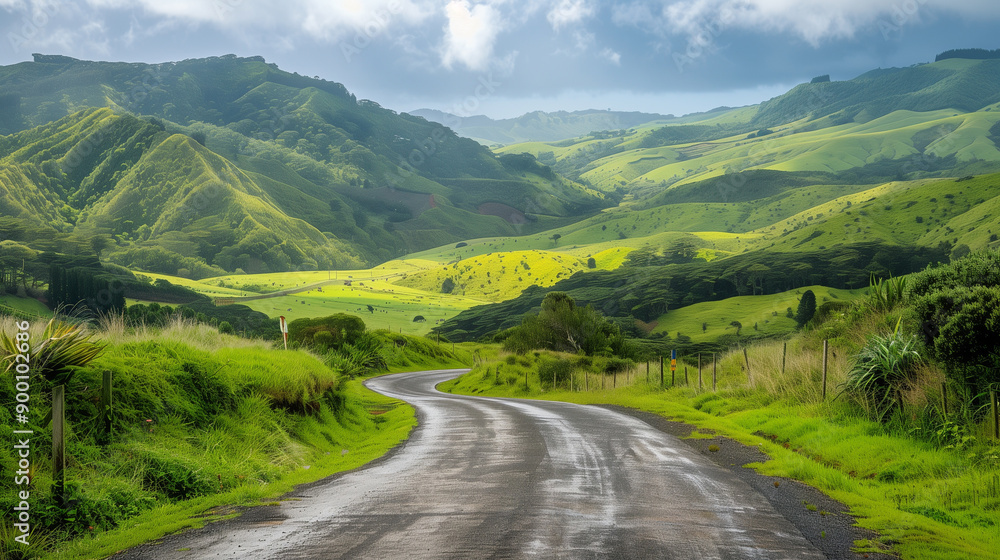 scenic road through a lush green valley surrounded by rolling hills trip through lush green countryside sunny day scenic road through a lush green valley surrounded by rolling hills trip through lush green countryside sunny day