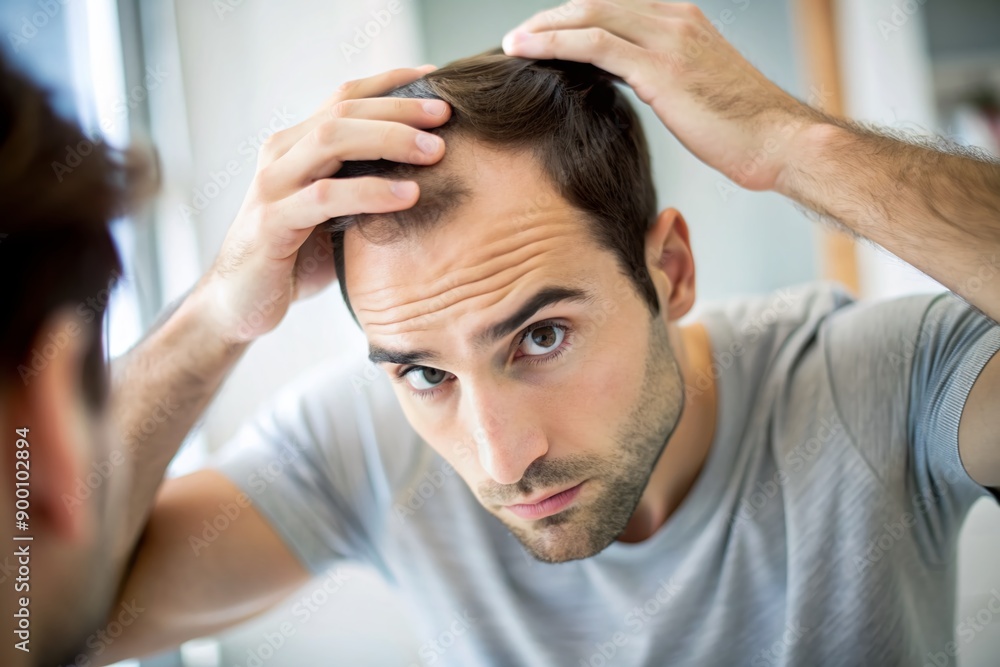 close-up shot of a young man checking his hairline at home, showing signs of hair loss. close-up shot of a young man checking his hairline at home, showing signs of hair loss.