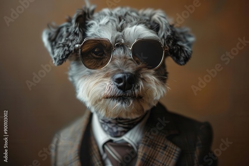 A dog wearing sunglasses and a suit with a tie Generative AI image photo