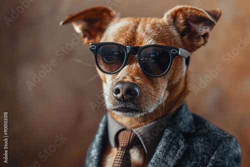 A dog wearing sunglasses and a suit with a tie Generative AI image photo