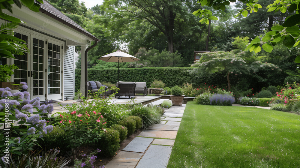 Obraz premium Backyard patio outdoors with flowers, grass, hedges, and a sitting area among the landscaping