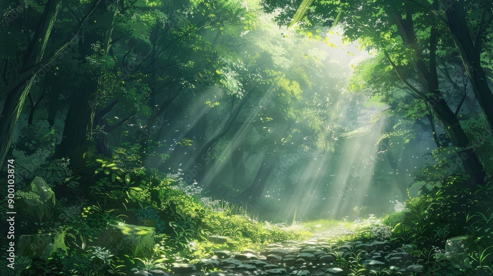 Fototapeta premium Anime style forest clearing, sunlight filtering through lush greenery, summer scene, peaceful ambiance