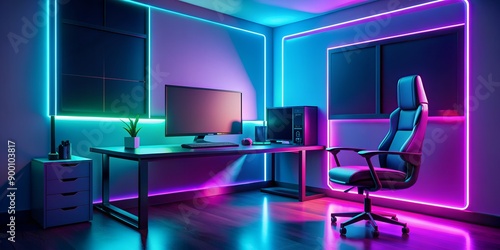Games room with a cyber gamer computer 3d render of neon lighting AI-Generated Content