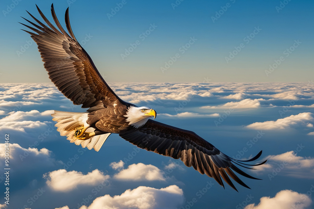 Fototapeta premium Majestic Fish Eagle soaring above cumulus clouds against a brilliant blue sky, conveying power, freedom, and serenity.