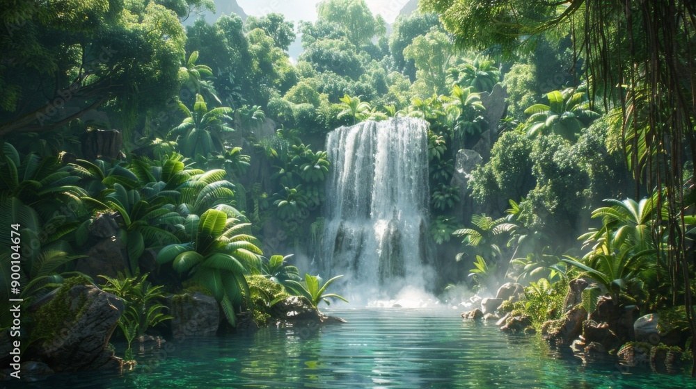 Fototapeta premium A lush green jungle with a waterfall cascading into a pool