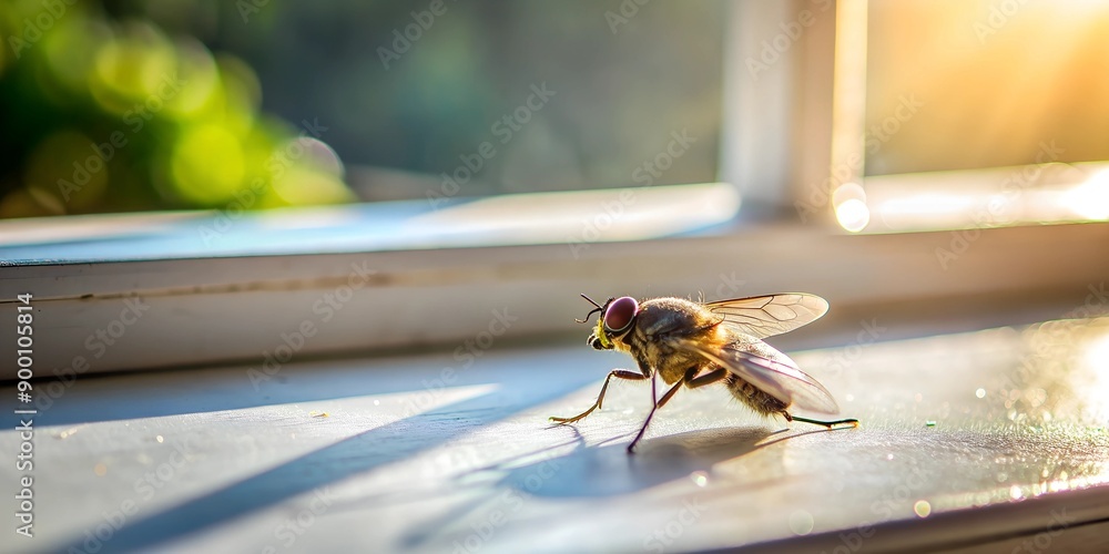 Naklejka premium dead fly on a white windowsill in the sun AI-Created Content