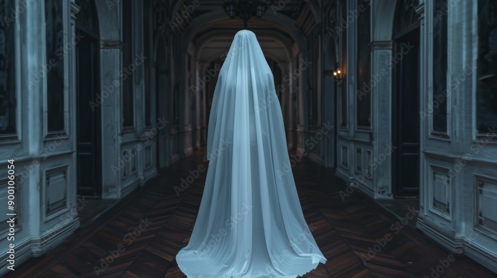 A ghostly figure draped in white cloth stands alone in a dimly lit, eerie corridor of an old mansion, evoking a sense of mystery and horror. A ghostly figure draped in white cloth stands alone in a dimly lit, eerie corridor of an old mansion, evoking a sense of mystery and horror.