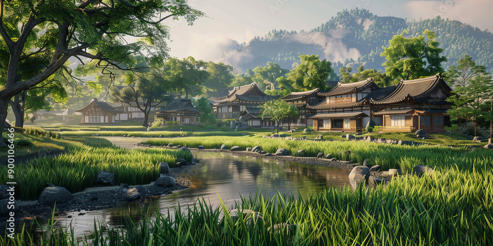 Japanese village with rice fields and pond, generative AI Japanese village with rice fields and pond, generative AI