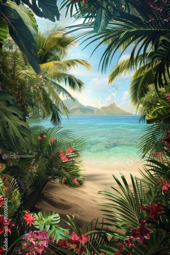 Tropical Island Paradise Frame. A frame of palm trees, vibrant flowers, and sandy beaches.