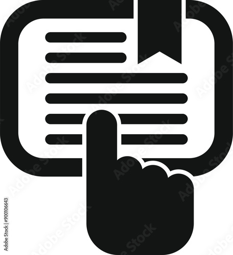 Black glyph icon of a hand pointing an ebook reader with a bookmark