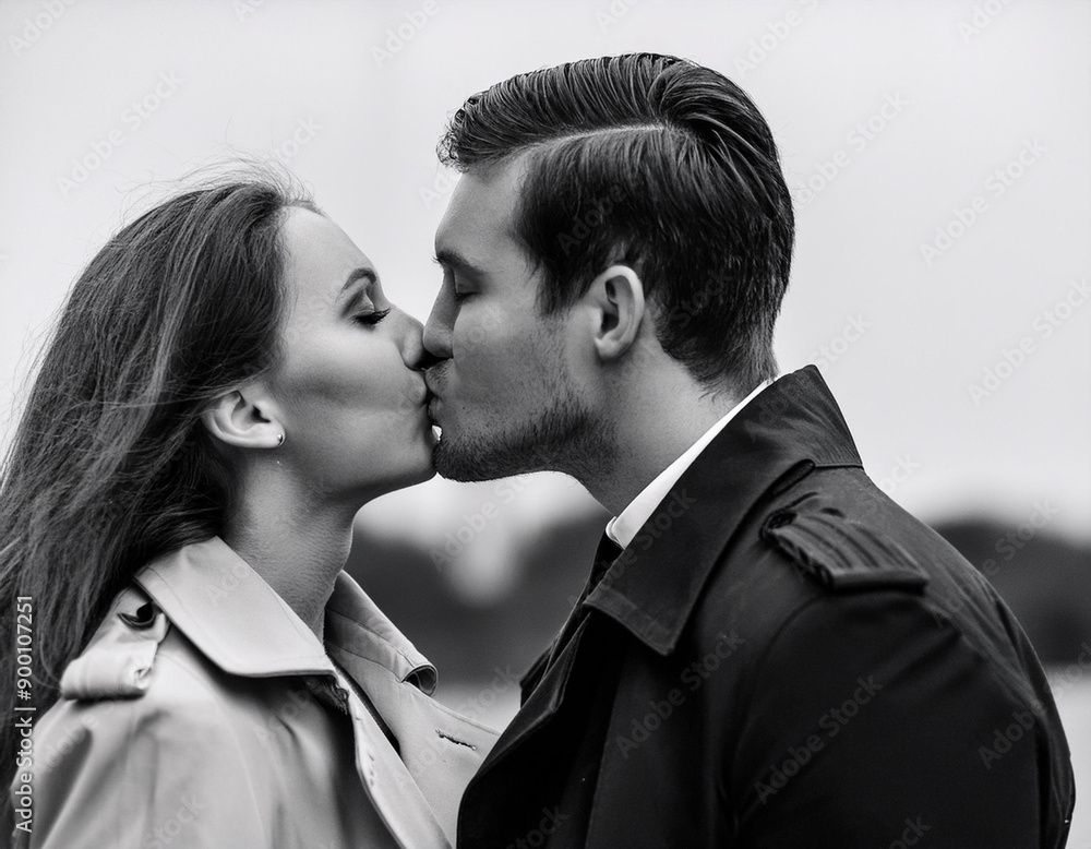 Romantic Couple Kissing in Black and White Film Noir Style Monochromatic Portrait Romantic Couple Kissing in Black and White Film Noir Style Monochromatic Portrait