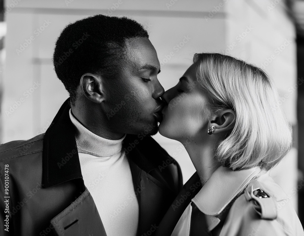 Romantic Couple Kissing in Black and White Film Noir Style Monochromatic Portrait Romantic Couple Kissing in Black and White Film Noir Style Monochromatic Portrait