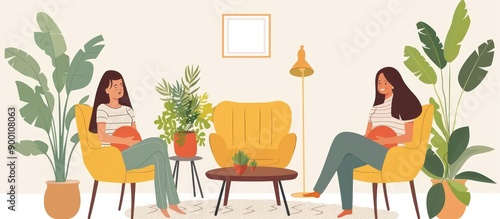 women sitting in a living room with a yellow couch and a yellow chair