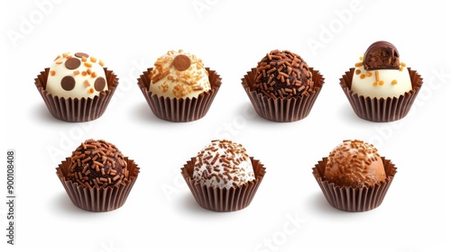 A variety of chocolate truffles decorated with sprinkles and different toppings, arranged in a row on a white background.