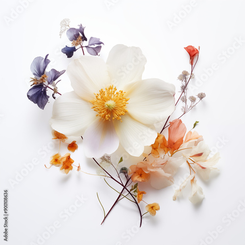 Dry and fresh flowers on white background. Text space available in a flat lay. Close-up still life photo.
